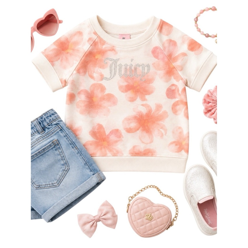 Juicy Couture Girls Pink Floral Rhinestone Logo Sweatshirt Short Sleeve 4T EUC